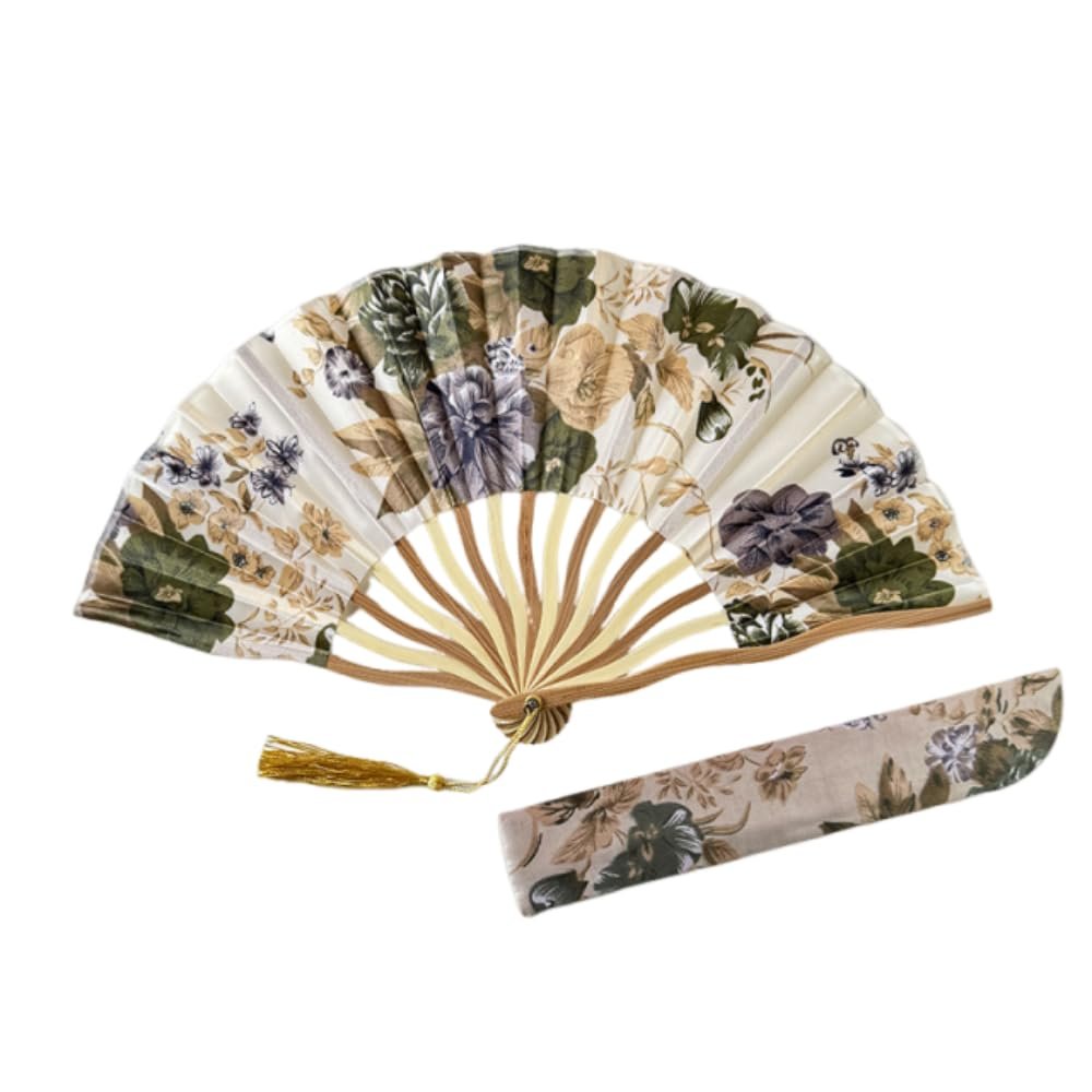 Handheld Folding Fan, Bamboo Silk Fabric, Japanese Wedding Fan (Gold Style A with Sleeve)