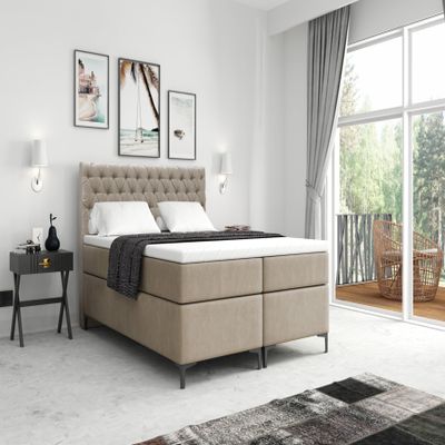 VLR BEDS Chesterfield Plus Box Spring Bed with Storage (Beige, 140 x 200 cm)