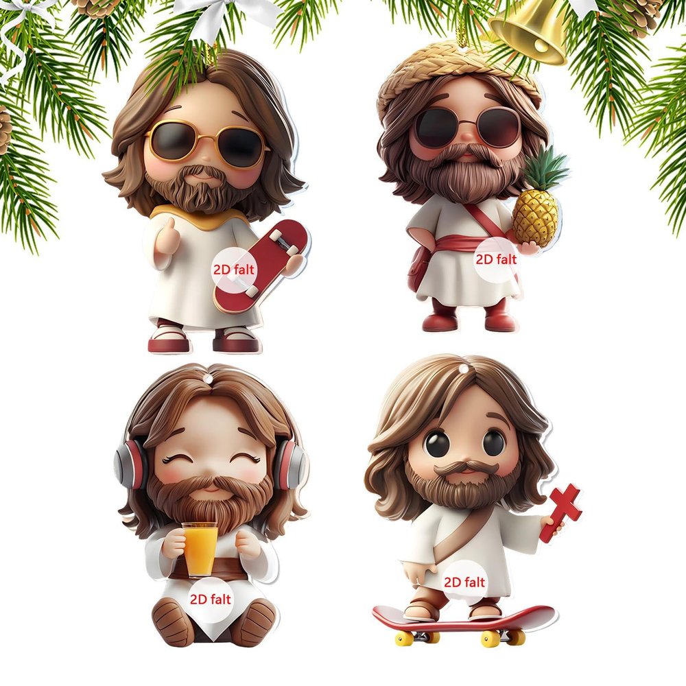 Jesus Christmas Ornament - 2D Decorative Acrylic Jesus Pendant | 4-Piece Set
