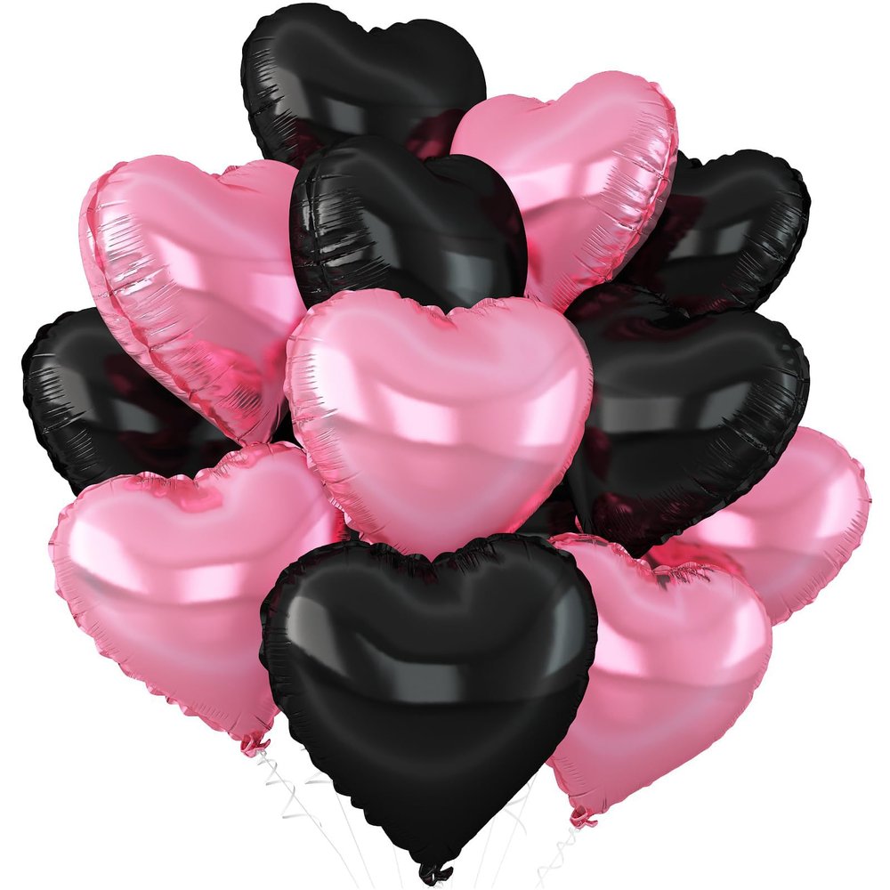 Fesnova Heart Foil Balloons, 12 Pack, Black and Pink
