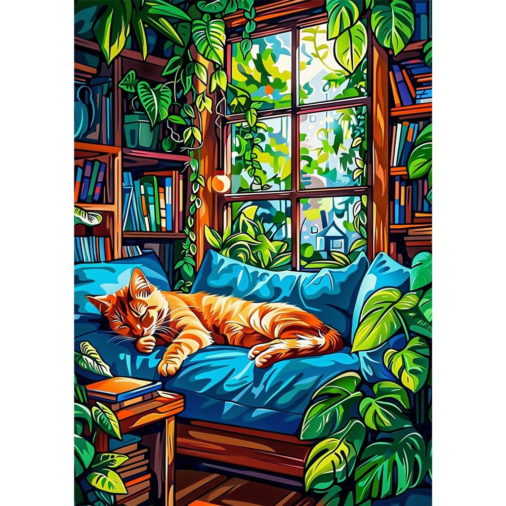 NEWENMO Cozy Room Diamond Painting for Adults - Orange Cat & Green Plant