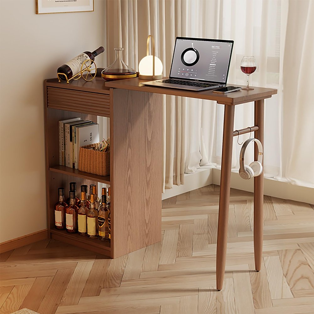JHDXL Modern Extendable Bar Table with Storage and Rotating Top, Walnut, 50 in