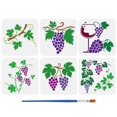 FINGERINSPIRE 6-Piece Grape Vine Stencil Set with Brush 20x20cm