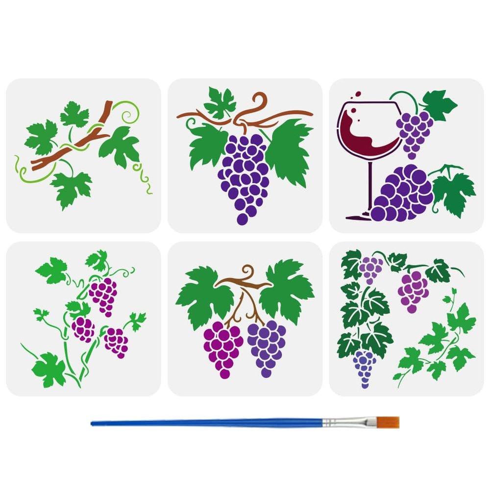 FINGERINSPIRE 6-Piece Grape Vine Stencil Set with Brush 20x20cm