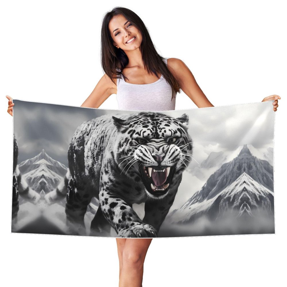 POEZJZW Large Beach Towel with Snow Leopard on Ice Field, Quick-Drying, Sand-Resistant, 69 x 140 cm