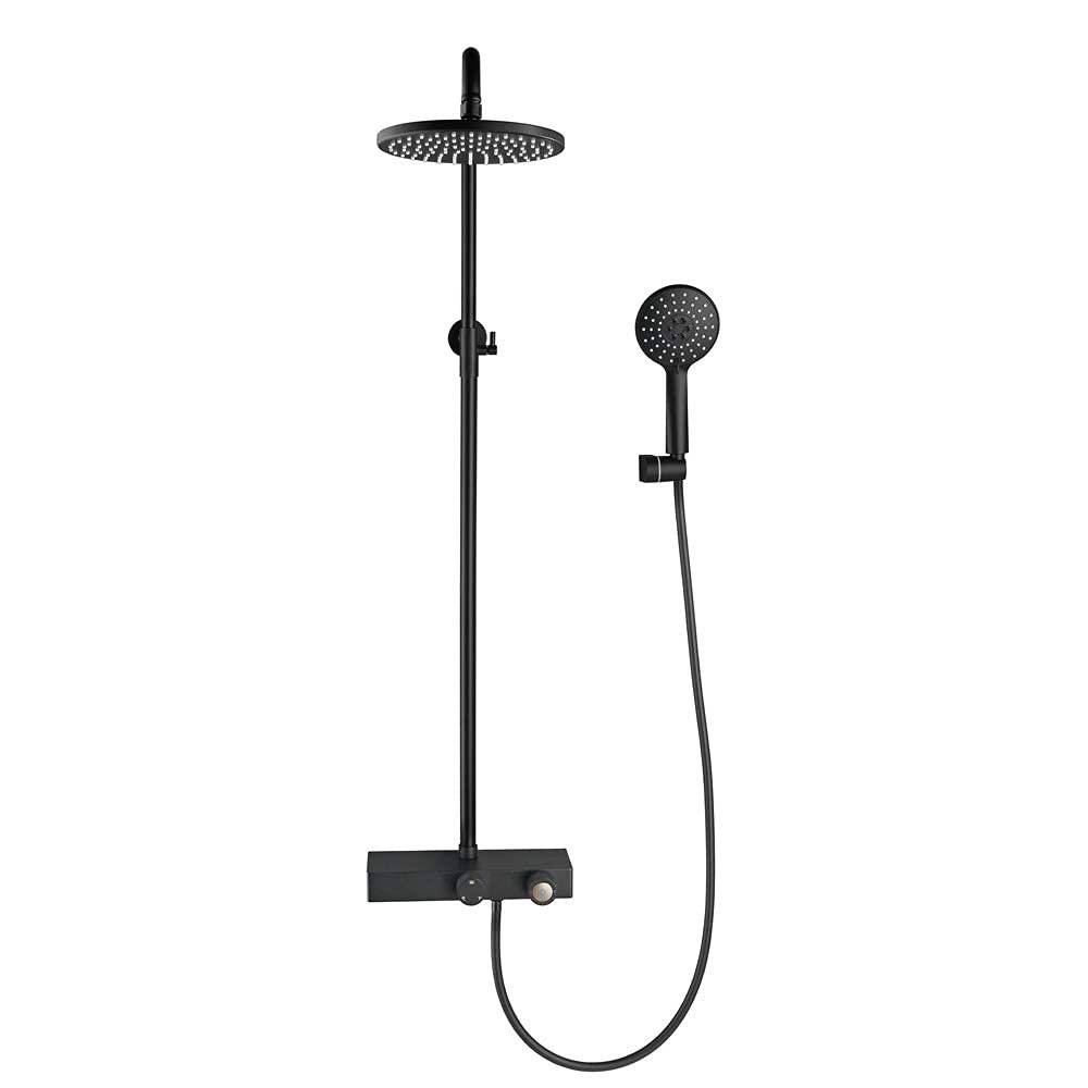 Shower Faucet System with Waterfall Tub Filler, 10-Inch Shower Head and Hand Shower, Black