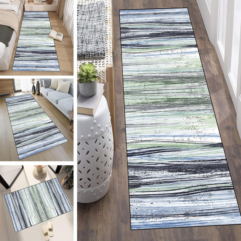 LUMIPAP Long Hallway Runner Rug, Non-Slip, Washable, Customizable, 100 x 100 cm, Synthetic Fiber, Black/Blue/Green