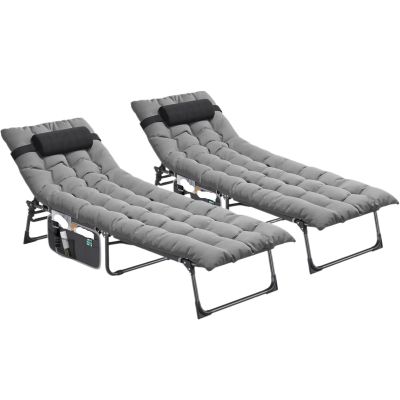 Set of 2 Folding Reclining Sun Loungers with Cushions, Grey