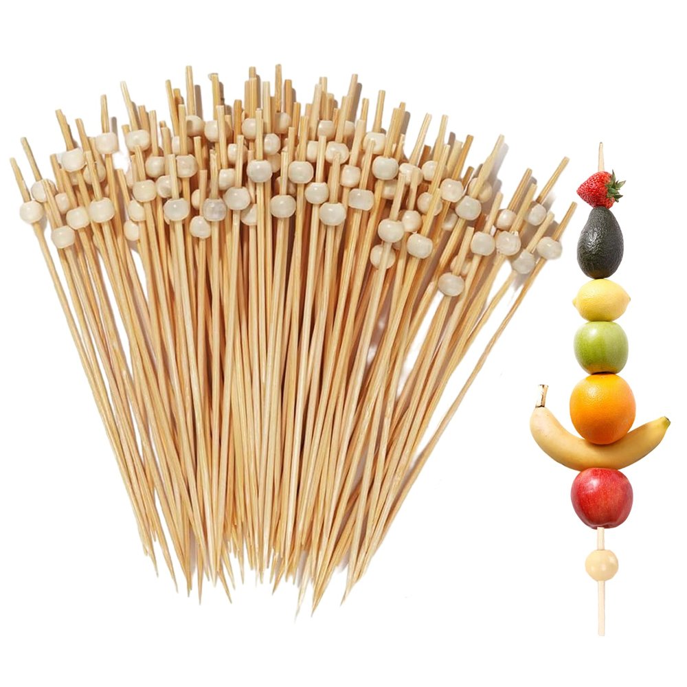 100 Count Fruit Skewers for Kids, Cocktail & Burger Skewers Made from Natural Bamboo with Wooden Beads