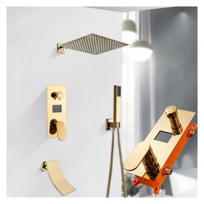 Gold Wall-Mount Shower Faucet Set with Digital Display