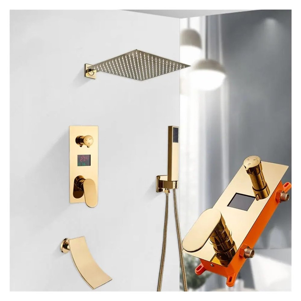 Gold Wall-Mount Shower Faucet Set with Digital Display