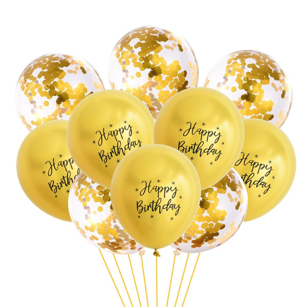Gleemix 10 Pack Happy Birthday Balloons Gold Metallic with Confetti