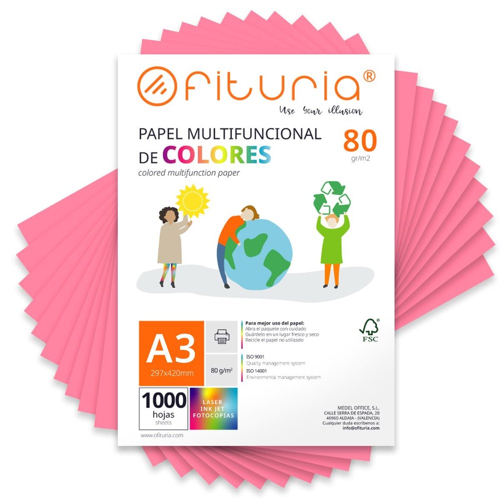 OFITURIA Colored Paper, 1,000 Sheets, A3, 80 gsm, Pink