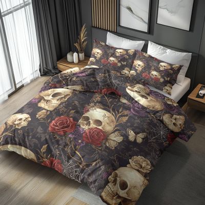 Skull Bedding Set 155 x 220 cm, Vintage Floral Skull Design, 3-Piece Set with 2 Pillowcases