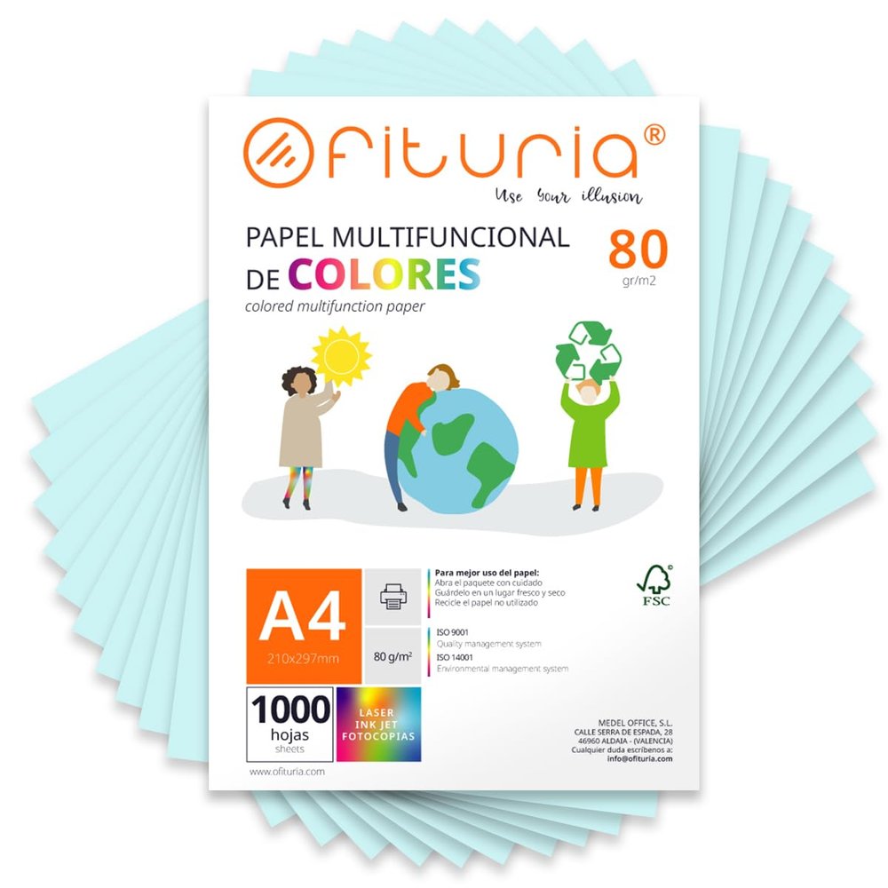 OFITURIA Colored Paper, 1,000 Sheets, A4, 80 gsm, Light Blue