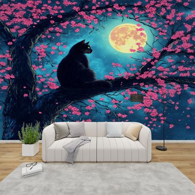 PaxGloz Black Cat Moonlit Cherry Blossom Tree Photo Wallpaper, Nonwoven, 400 x 280 cm