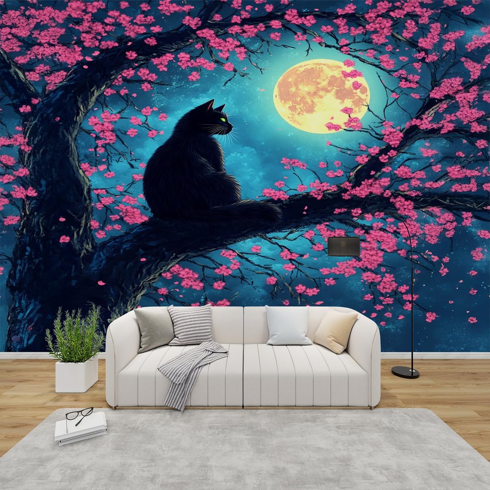 PaxGloz Black Cat Moonlit Cherry Blossom Tree Photo Wallpaper, Nonwoven, 400 x 280 cm