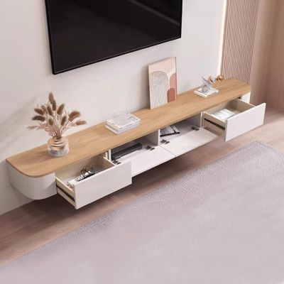 SZKTHD Wall-Mounted TV Stand, Floating Solid Wood Console with White Cabinet and Wood Top, Minimalist Media Shelf for Living Room, 120–300 cm (240 cm/94.5 in)