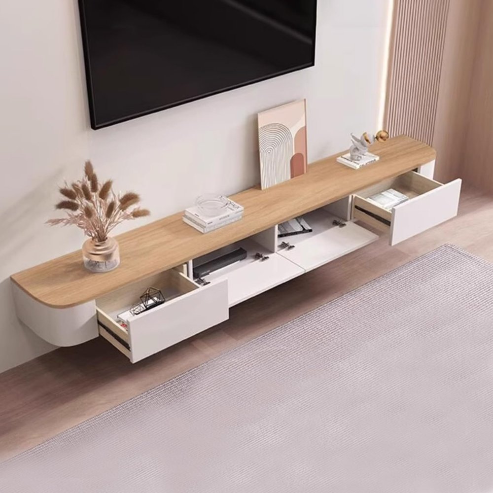 SZKTHD Wall-Mounted TV Stand, Floating Solid Wood Console with White Cabinet and Wood Top, Minimalist Media Shelf for Living Room, 120–300 cm (240 cm/94.5 in)