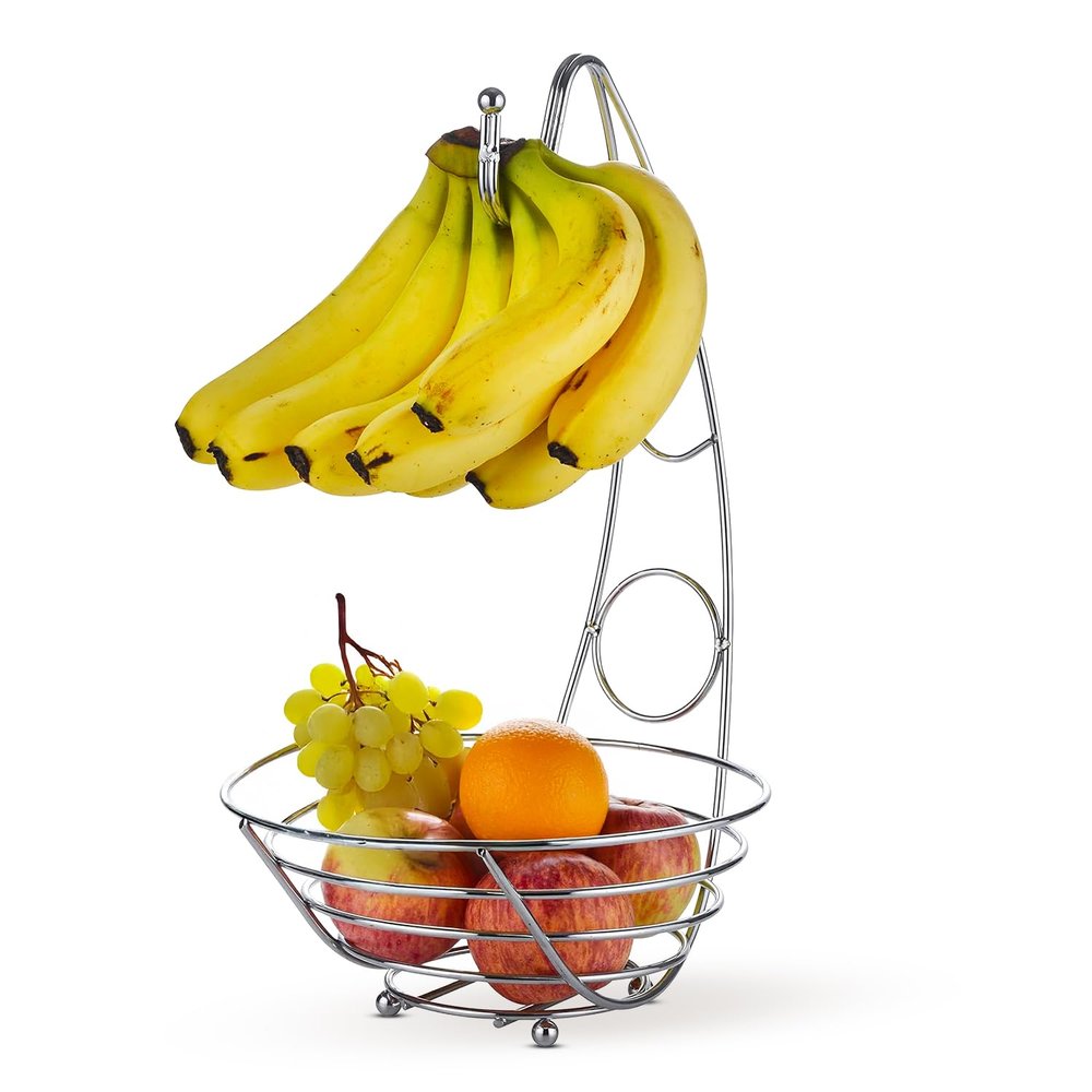 Fruit Bowl with Banana Hanger, Chrome Wire Frame