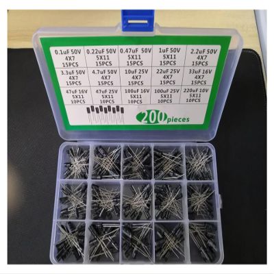 15-Value 200-Piece Aluminum Electrolytic Capacitor Kit, 50V/25V/16V/10V, 0.1/0.22/0.47/1/2.2/3.3/4.7/10/22/33/47/100/220 µF, Assorted Box