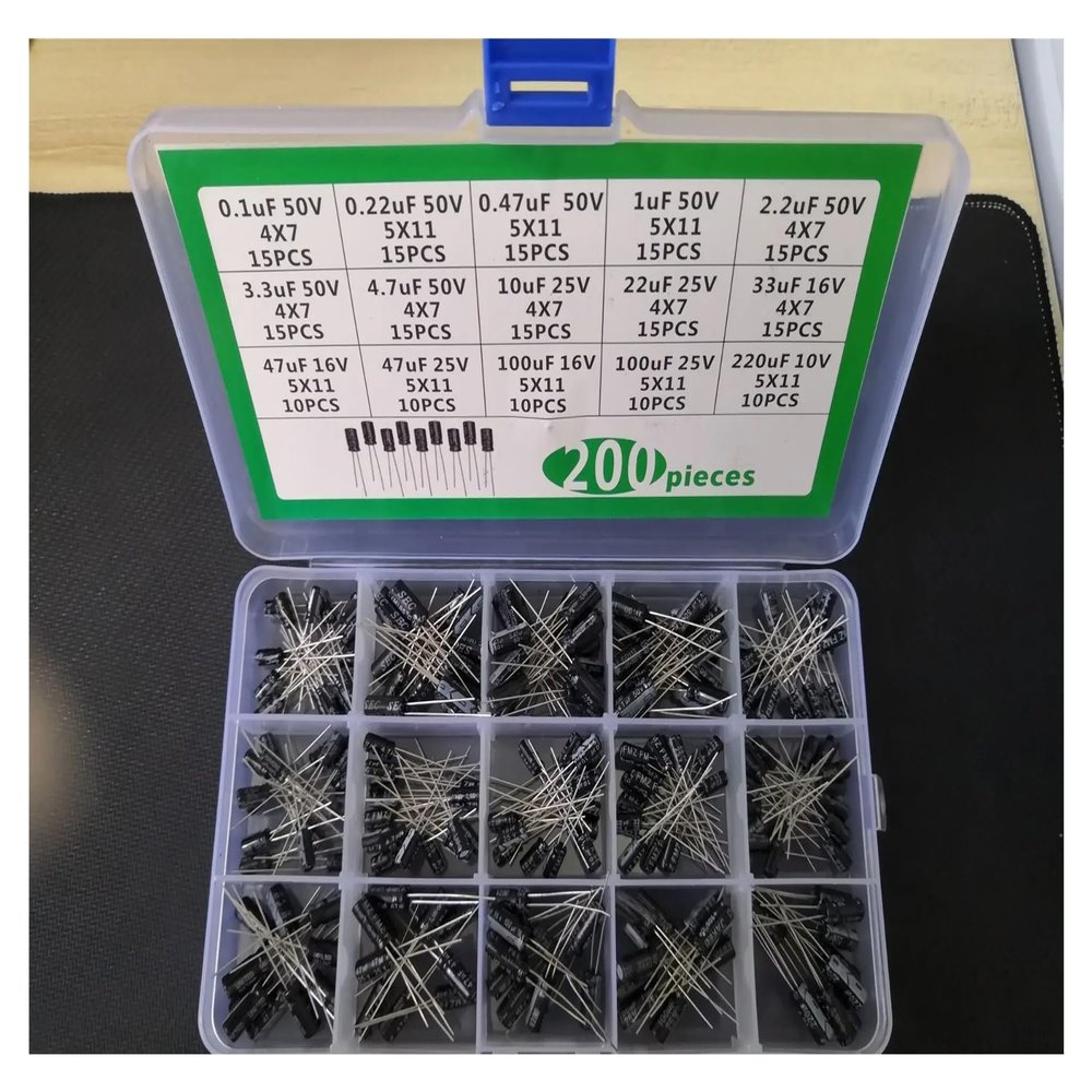 15-Value 200-Piece Aluminum Electrolytic Capacitor Kit, 50V/25V/16V/10V, 0.1/0.22/0.47/1/2.2/3.3/4.7/10/22/33/47/100/220 µF, Assorted Box