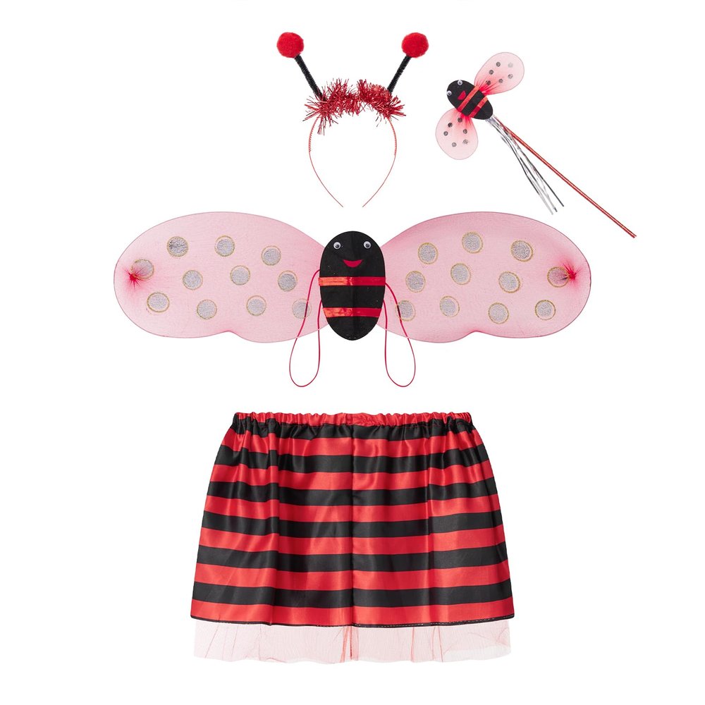 Niceyoeuk Halloween Kids Costume Set, Bee/Ladybug Wings, Tutu Skirt, Headband and Wand, Red, 4-Piece