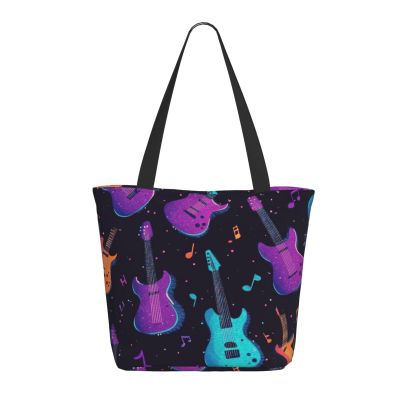 CSIVKEJ Large Tote Bag for Women, Portable Beach Bag, Reusable Shopping Bag, Purple Guitar 2, One Size