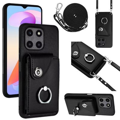 Belzsxy Phone Case for Honor X6a with Strap, Card Holder, Ring Stand and Wallet, Black
