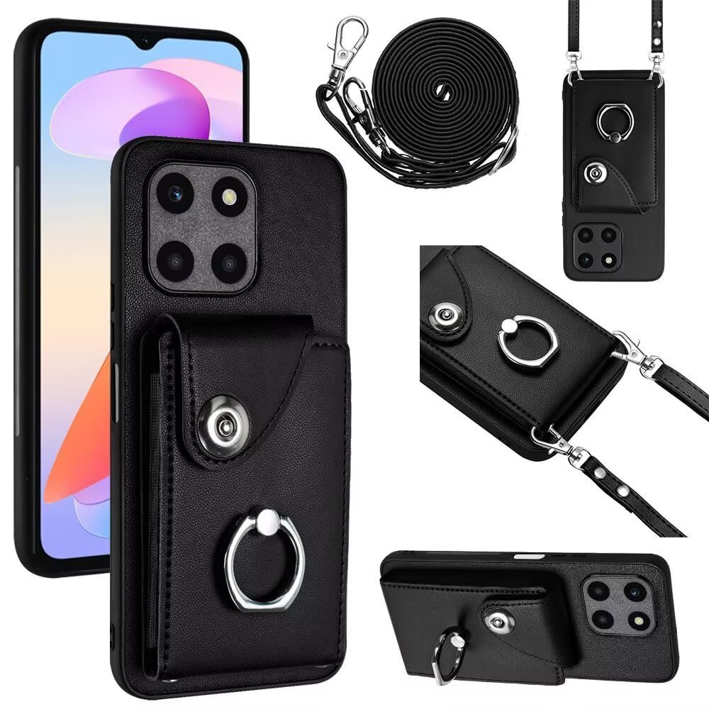 Belzsxy Phone Case for Honor X6a with Strap, Card Holder, Ring Stand and Wallet, Black