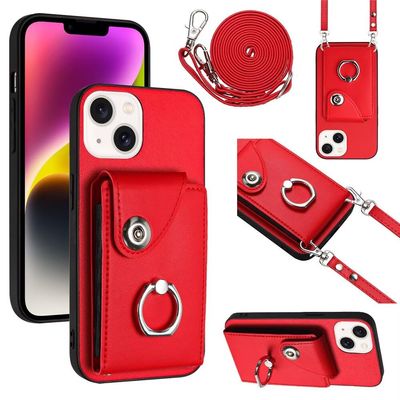 Belzsxy iPhone 15 Plus Case with Strap, Card Holder, Ring Stand and Wallet, Red