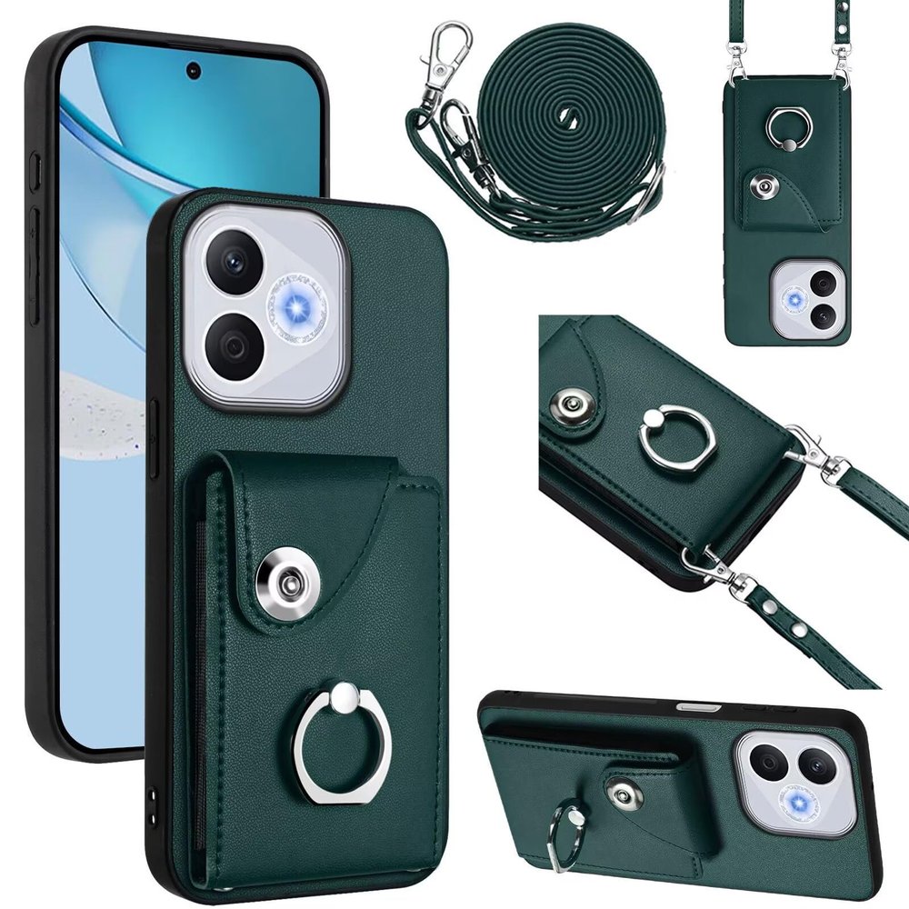 Belzsxy Phone Case for Honor 400 Lite/X70i with Strap, Card Slot, Ring Holder and Wallet, Green
