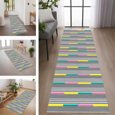 Hallway Runner Rug, Non-Slip Kitchen Mat, 100 x 250 cm, Washable, Gray/White/Cyan/Yellow
