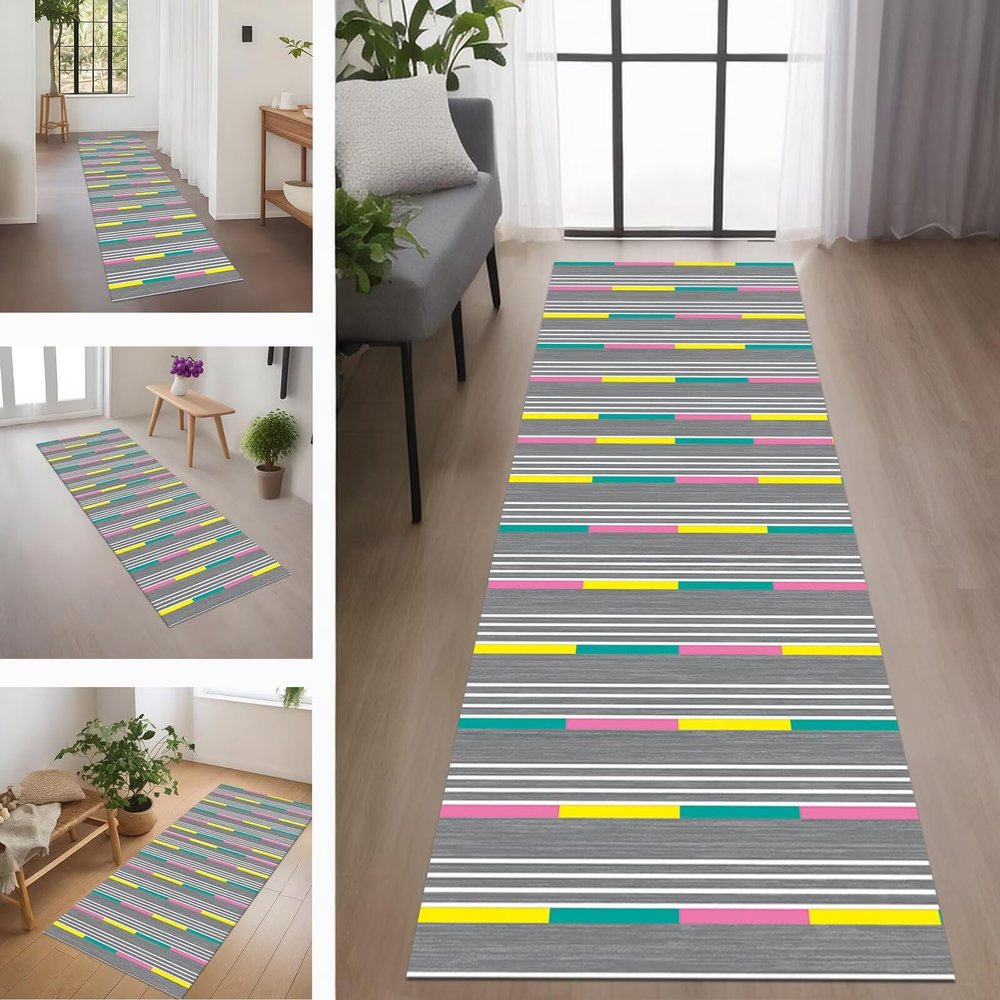 Hallway Runner Rug, Non-Slip Kitchen Mat, 100 x 250 cm, Washable, Gray/White/Cyan/Yellow