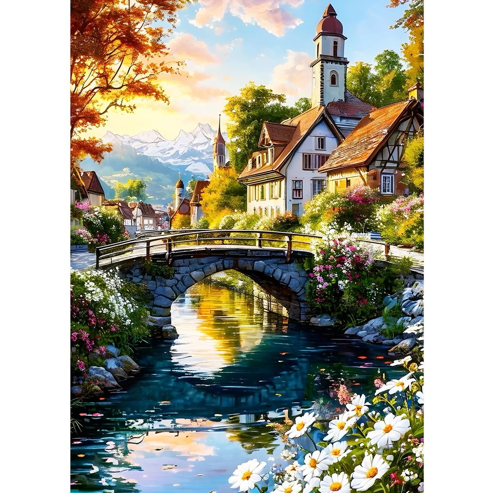 GDYEEH Church Diamond Painting Kit for Adults, 5D River Bridge Art
