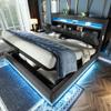 RIAZOS Upholstered Bed 140 x 200 cm with Storage Headboard, USB/Type-C Charging, Hydraulic Storage, LED and Slats, Gray Linen, No Mattress view 1