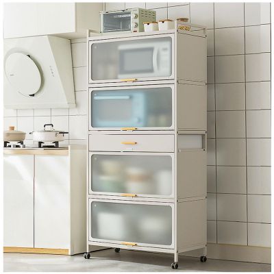 5-Tier Microwave Stand with Folding Doors, White, 80 x 170 cm