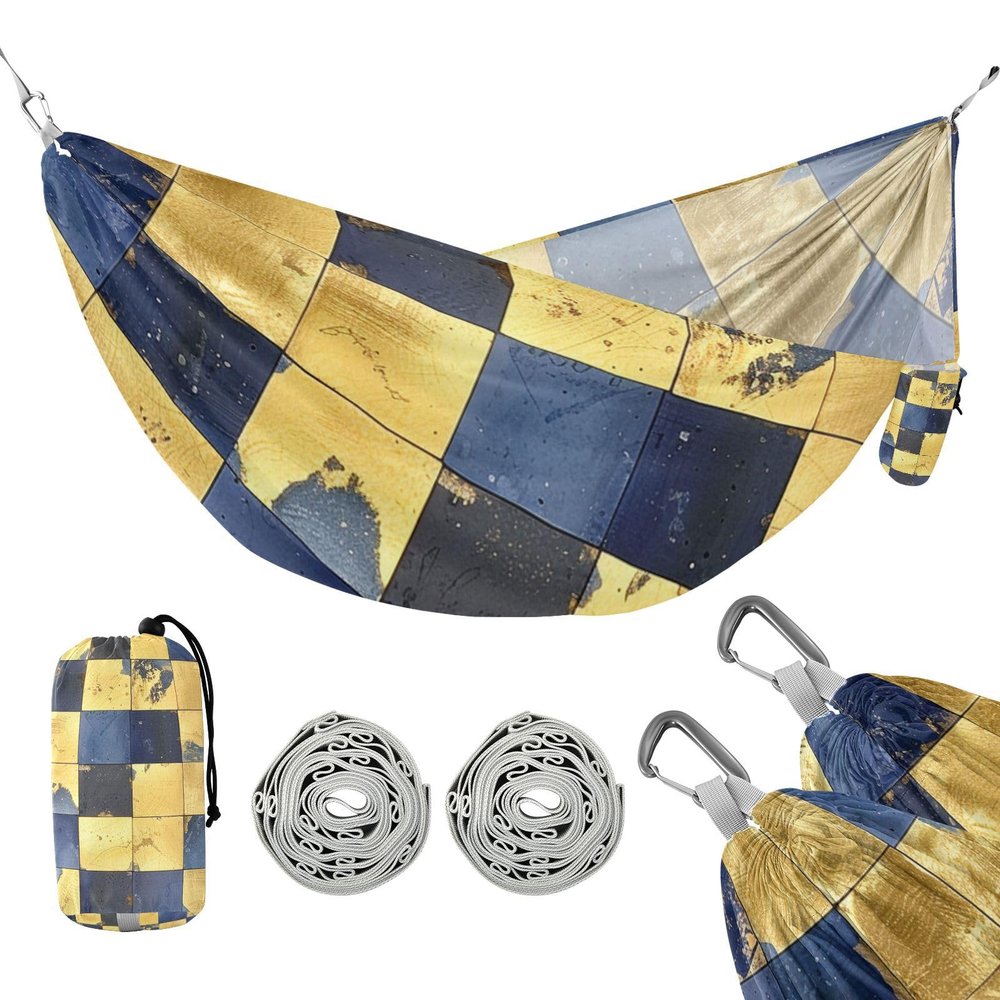 Portable Hammock with Carry Bag, Blue and Gold Plaid, 150 kg Capacity