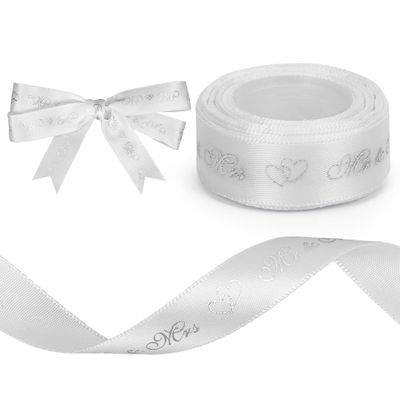 Mr & Mrs Wedding Ribbon, 4.5m x 15mm White Silver Satin Gift Ribbon
