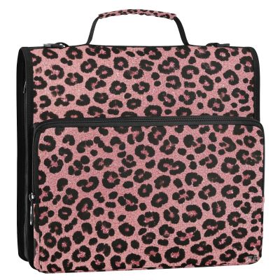 Zipper Binder with Shoulder Strap and Handle, Leopard Print, Pink, 3 Rings, 1.5 in, with Zipper Pocket, Portfolio Binder for Middle School Students