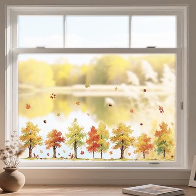 ANATTASOUL Double-Sided Window Stickers - Autumn Forest & Maple Leaves