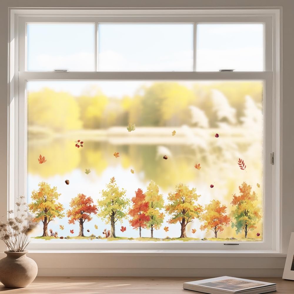 ANATTASOUL Double-Sided Window Stickers - Autumn Forest & Maple Leaves