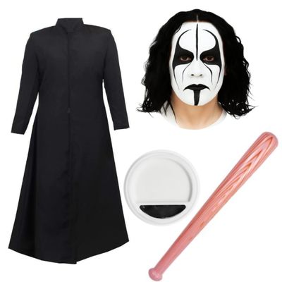 Men's Iconic Sting Wrestler Costume Set with Long Duster Coat, Wig, Black & White Face Paint and Inflatable Bat - Retro Wrestling Outfit for 90s Parties and Comic Cons