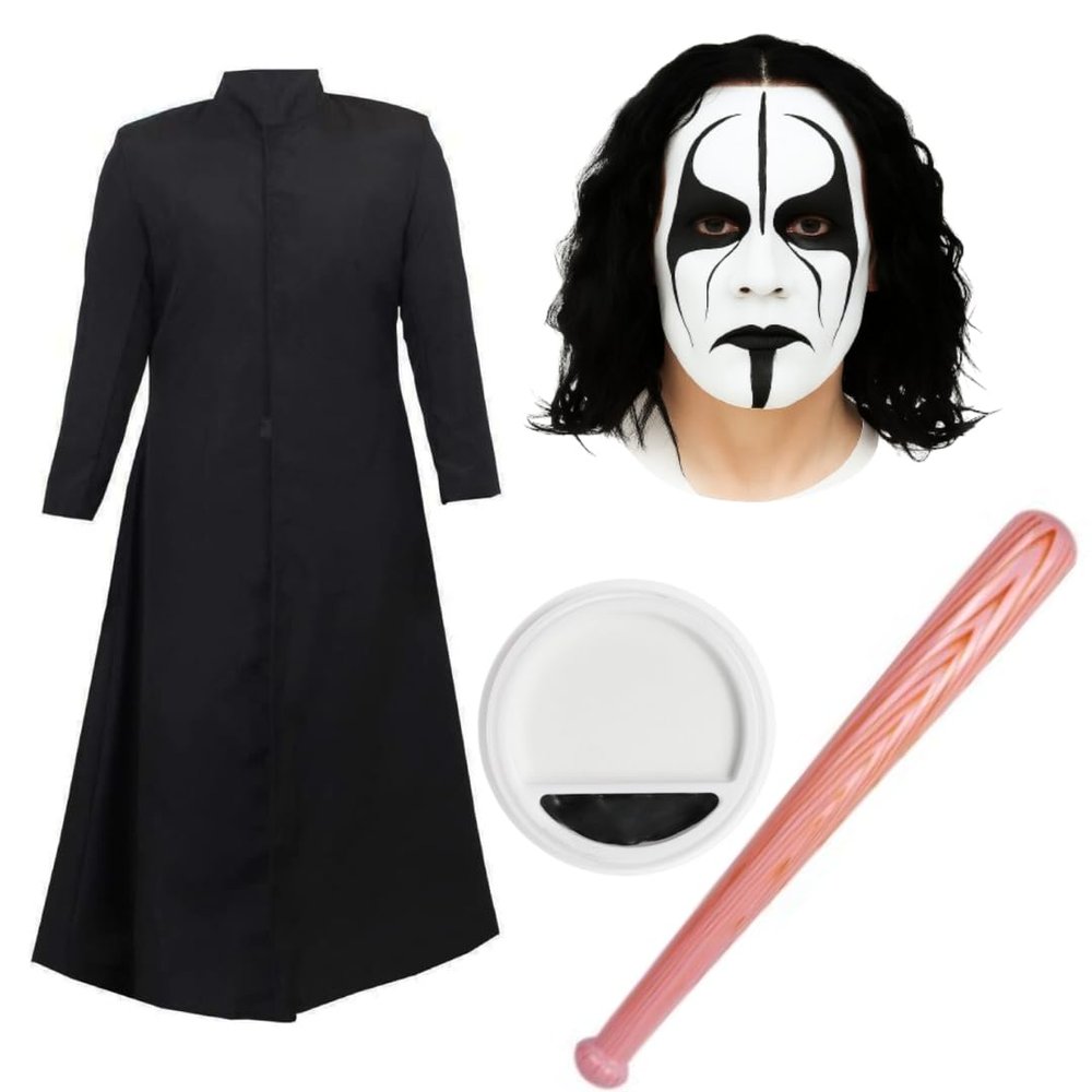 Men's Iconic Sting Wrestler Costume Set with Long Duster Coat, Wig, Black & White Face Paint and Inflatable Bat - Retro Wrestling Outfit for 90s Parties and Comic Cons