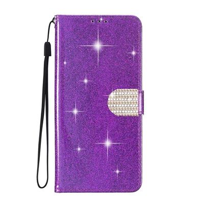SEHEYA Flip Case for iPhone 16, Glitter PU Leather with Magnetic Diamond Clasp, Stand Function and Card Slots, Purple