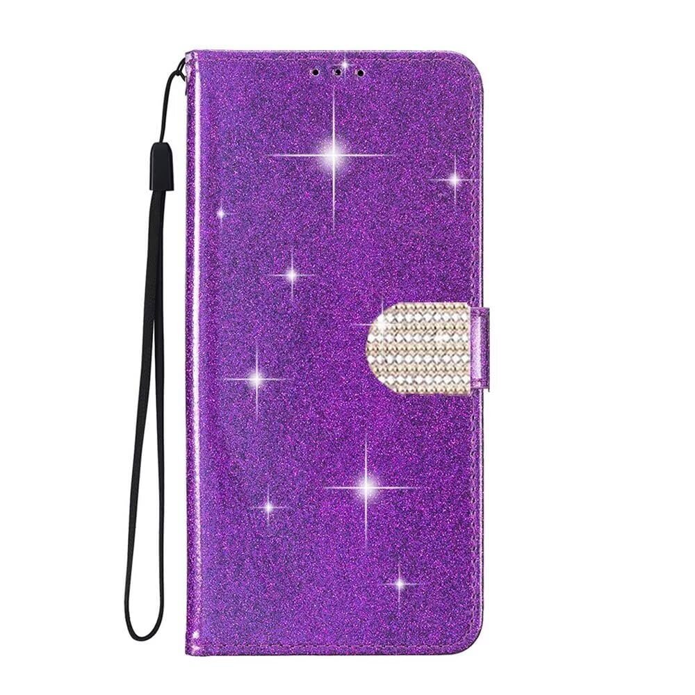 SEHEYA Flip Case for iPhone 16, Glitter PU Leather with Magnetic Diamond Clasp, Stand Function and Card Slots, Purple