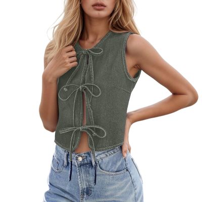 Eauptffy Women's Sleeveless Cropped Denim Vest with Lacing