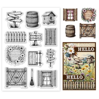 GOMAKERER Clear Silicone Stamps: Wooden Door, Barrel, Fence & Broom