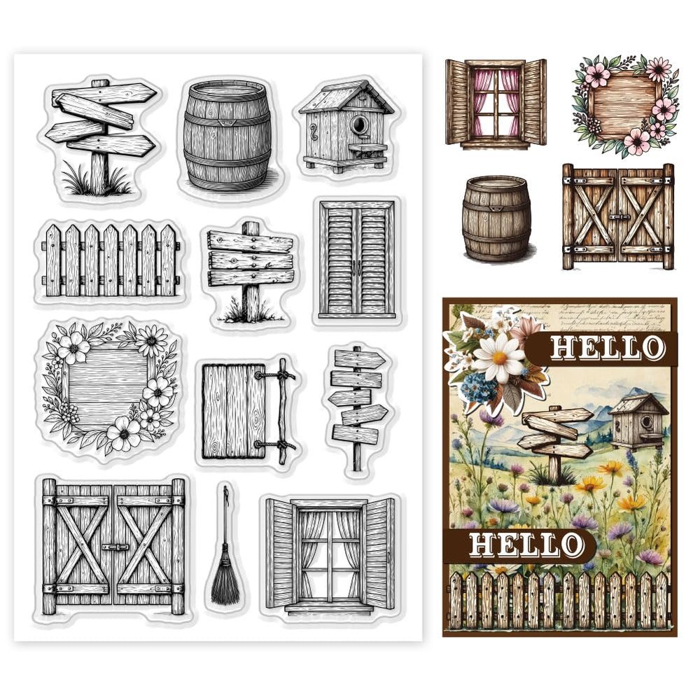 GOMAKERER Clear Silicone Stamps: Wooden Door, Barrel, Fence & Broom