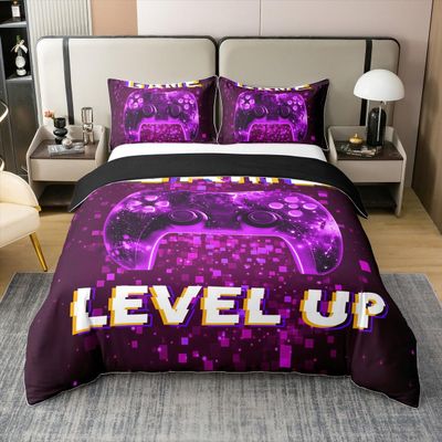 Gamer Game 100% Cotton Bedding Set, 200 x 200 cm, Purple Neon Controller Design
